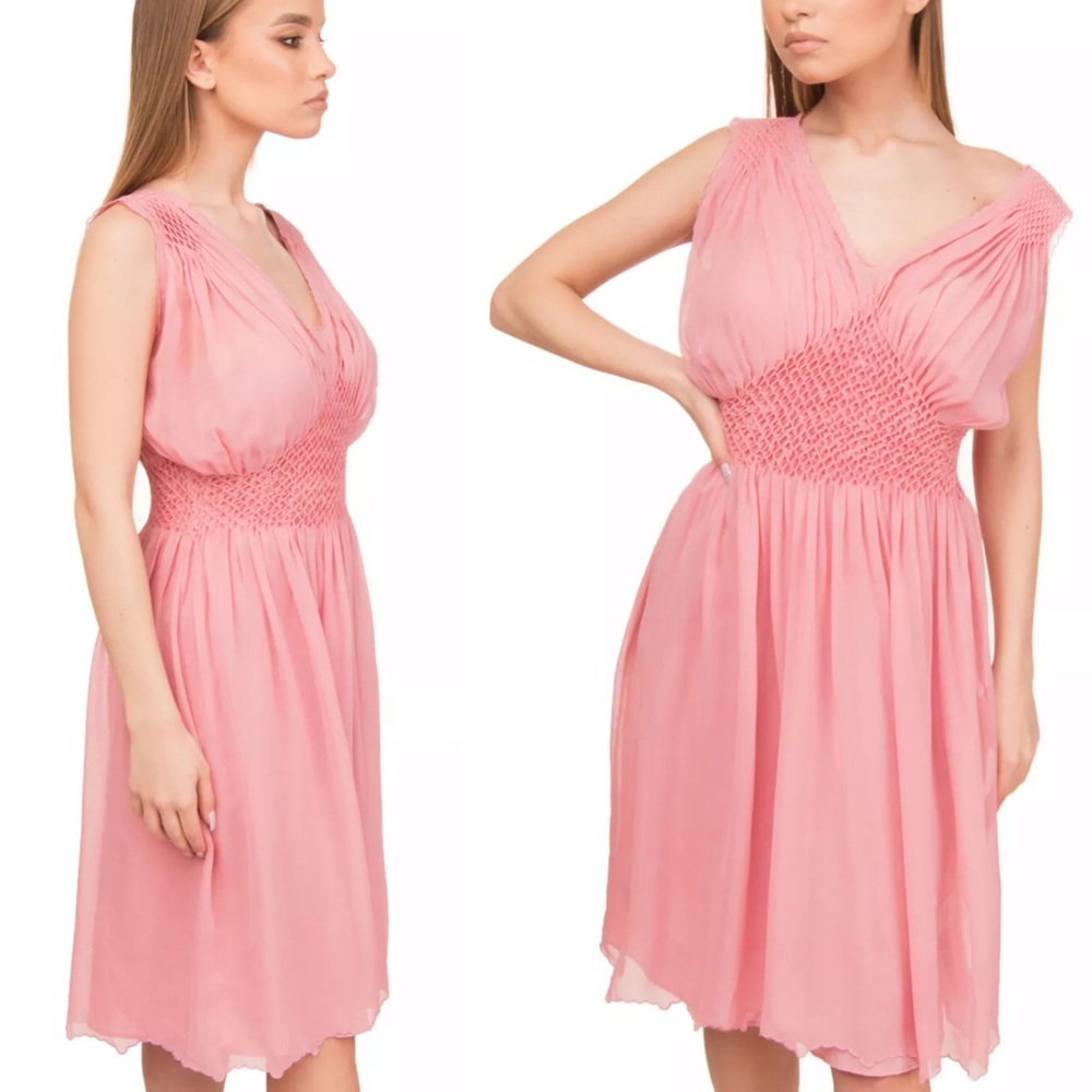 INTROPIA Silk Shirred Pink Dress with Embroidery
